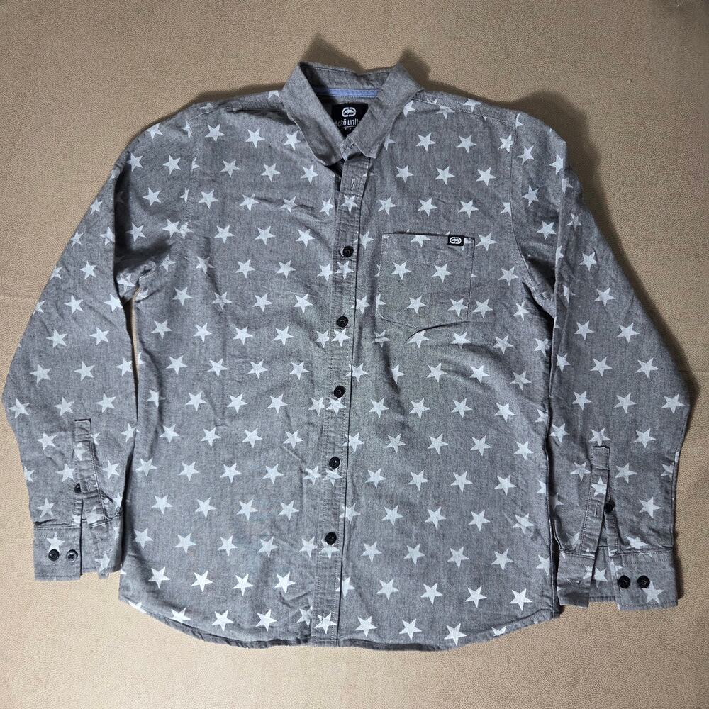 Ecko Unltd Shirt Mens M Gray Star Print Chambray Button Up Long Sleeve Cotton